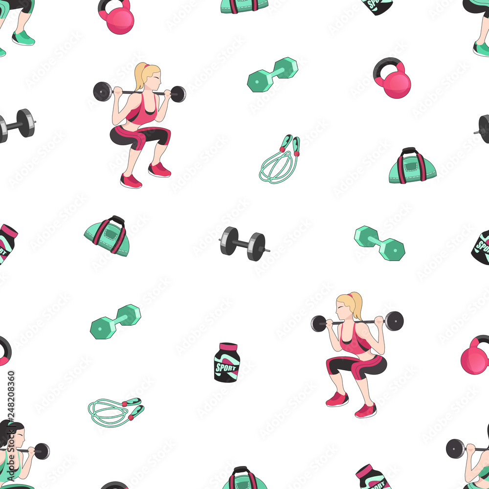 Seamless pattern with sport elements and woman fitness. Vector illustration Seamless pattern with sport elements and woman fitness. Vector illustration