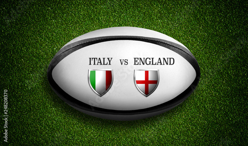 Rugby Match schedule, Italy vs England, flags of countries and rugby ball - 3D rendering