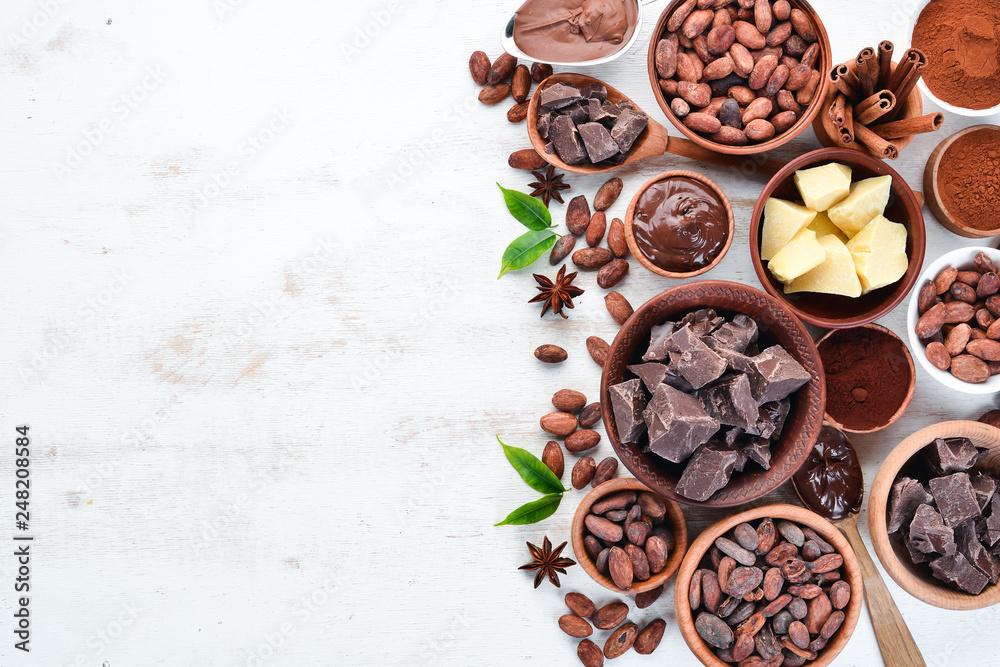 Cocoa beans, chocolate, cocoa butter and cocoa powder on a white wooden background. Top view. Free copy space.
