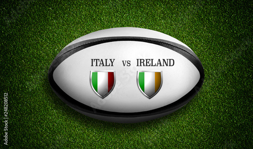 Rugby Match schedule, Italy vs Ireland, flags of countries and rugby ball - 3D rendering