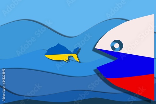 political situation between Ukraine and Russia silhouettes fish textured by national flags