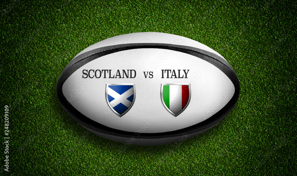 Rugby Match schedule, Scotland vs Italy, flags of countries and rugby