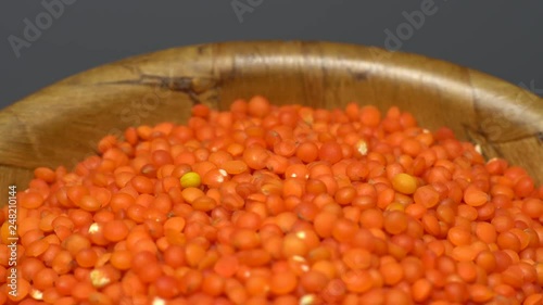 Lentils. Heap of raw uncooked red lentils in bowl in rotation.  Red Chief Lentils, petite crimson lentils - Close up. Food background. gray background, studio shot. Healthy organic food diet concept photo