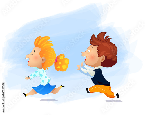 Preschool girl running fast and play catch-up and tag game