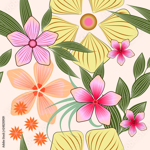 Vector seamless spring floral pattern in pastel colors on a light background of pink and yellow flowers with green leaves.