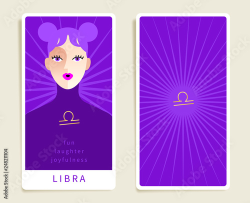 Libra   Beautiful woman with horoscope sign   Template for tarot cards  Vector Illustration