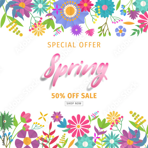 Spring sale background with beautiful colorful flower. Vector illustration. Wallpaper. flyers, posters, brochure, voucher discount. Spring sale banner with paper flowers for online shopping.