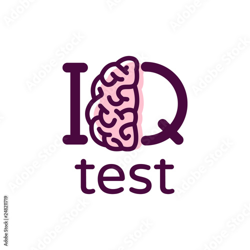 IQ test vector logo. Intellectual quotient IQ intelligence. Human brain photo