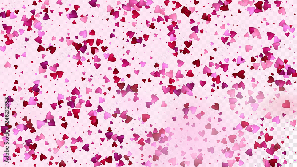 Red, Pink Hearts Vector Confetti. Valentines Day Tender Pattern. Luxury Gift, Birthday Card, Poster Background Valentines Day Decoration with Falling Down Hearts Confetti. Beautiful Pink Design