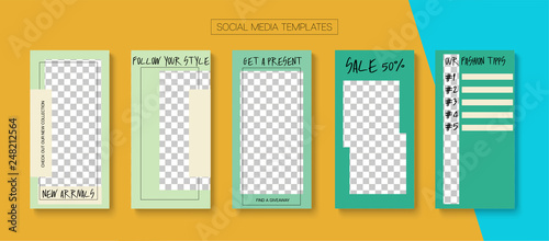 Editable Stories Minimal Vector Layout. Social Media Like and Share, Trends, Sale -50 Photo Frames Kit. Sale Insta Stories Layout