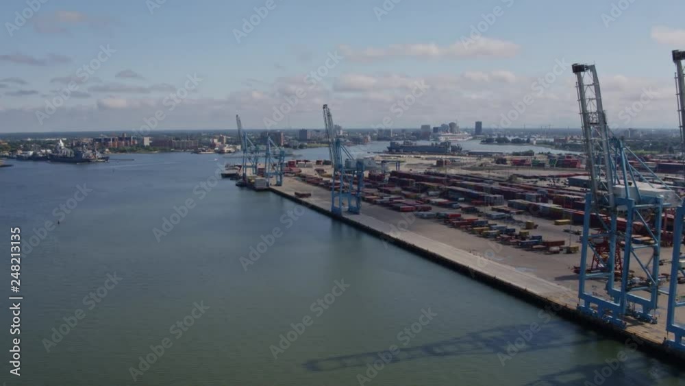 Norfolk Virginia Aerial v19 Panning birdseye of shipyard; flying over water with crane detail 10/17 Norfolk Virginia Aerial v19 Panning birdseye of shipyard; flying over water with crane detail 10/17