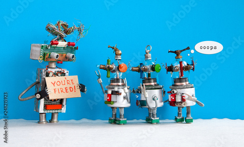 Robot chief dismisses three younger robotic employers. Three funny robots are dissatisfied with their dismissal. blue background