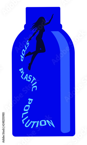 Woman swimming or diving into a plastic bottle. Plastic free concept vector illustration