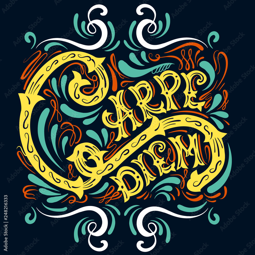 Carpe diem. Vector typographical background with unique lettering made in hand drawn style. Template for poster,prints, card and banner. Cartoon illustration. Carpe diem. Vector typographical background with unique lettering made in hand drawn style. Template for poster,prints, card and banner. Cartoon illustration.