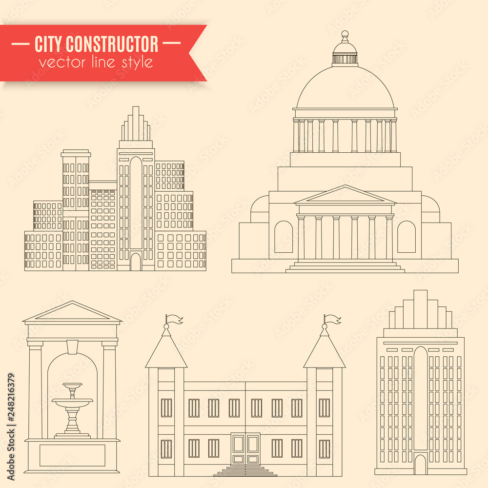 City constructor.Vector illustration of buildings made in line style. Template for business card poster and banner. Big architectural collection in classical and modern styles.
