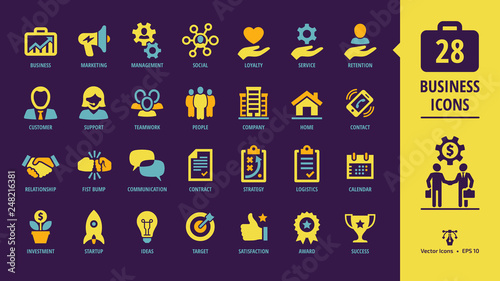 Business isolated yellow glyph icon set on a dark violet background with marketing, customer, relationship, fist bump, communication, contract, strategy, logistics, calendar and more sign.