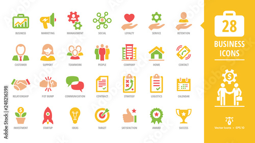 Business glyph icon set with with customer, support, teamwork, people, company, home, contact, handshake, fist bump and more pictogram.