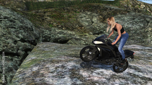 Illustration of a woman outdoors doing a wheelie on a motorcycle atop a large boulder.