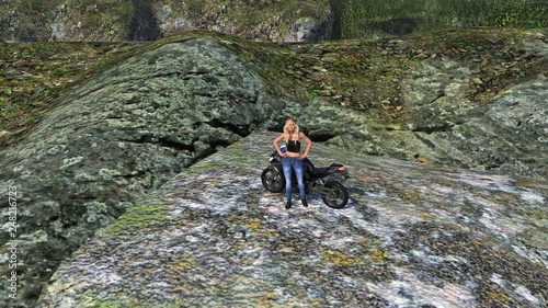 Illustration of a woman outdoors standing next to a motorcycle atop a large boulder.