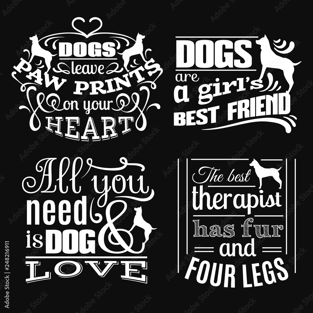 Fototapeta premium Collection of trendy quote typographical background about dog with hand drawn elements. Template for business card poster label and banner. Illustration of silhouette of dog's profile.