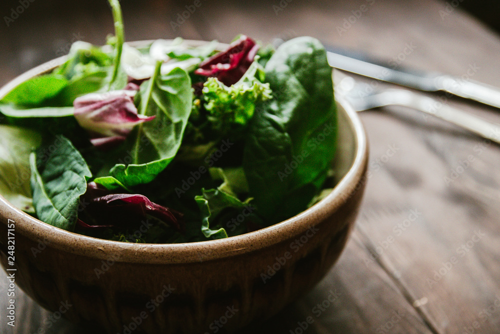 Green vegan Breakfast in a bowl with various leaves, top view. Clean eating, dieting, vegan schematic diagram of the food. selective focus Green vegan Breakfast in a bowl with various leaves, top view. Clean eating, dieting, vegan schematic diagram of the food. selective focus