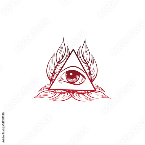 All seeing eye pyramid symbol. New World Order. Hand drawn Eye of Providence. Alchemy, religion, spirituality, occultism. Templaye for poster business card and banber. Conspiracy theory.
