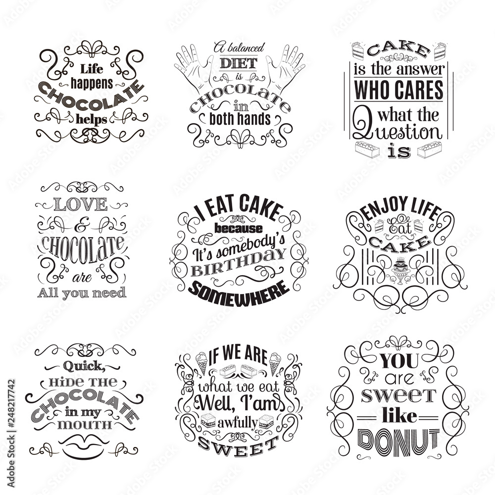 Vector collection of quote typographical background about sweets, chocolate and cake.  Template for poster business card and banner.
