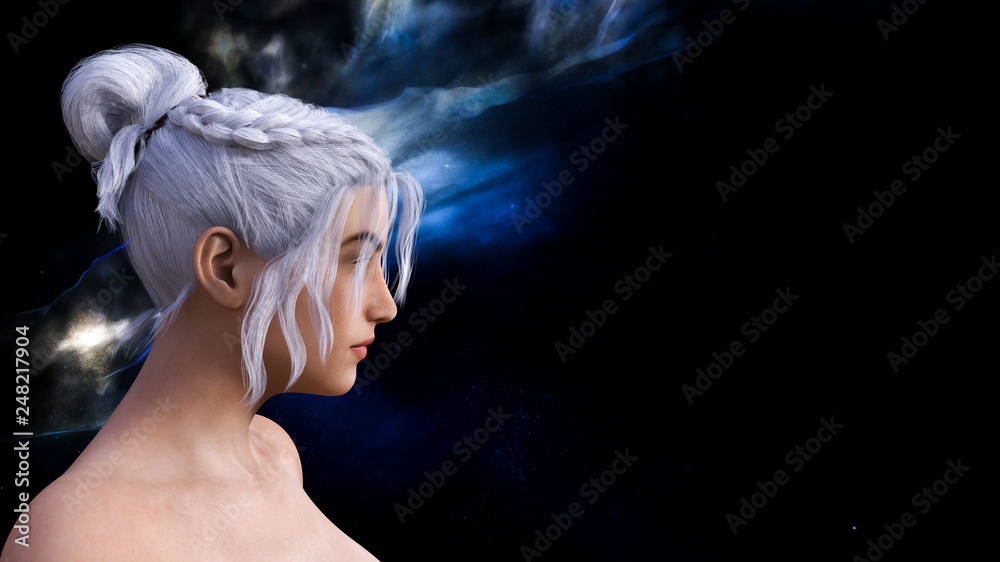 Profile of a woman with silver hair in space with a nebula and stars in the background.