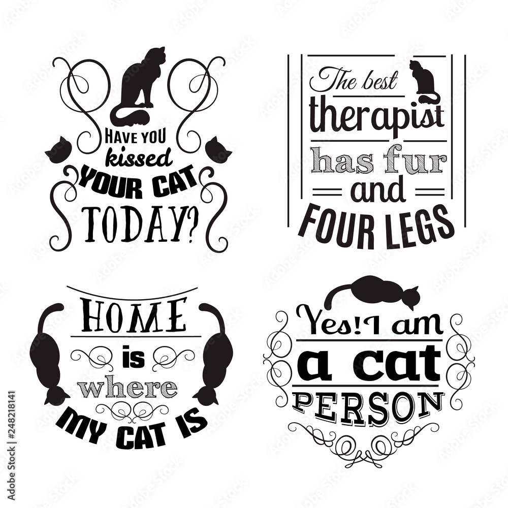Fototapeta premium Collection of quote typographical background about cats with hand drawn waves and scrolls.Vector silhouette of cat. Template for business card poster and banner. Print for clothes.