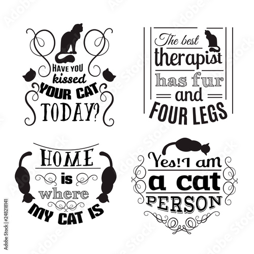 Collection of quote typographical background about cats with hand drawn waves and scrolls.Vector silhouette of cat. Template for business card poster and banner. Print for clothes.