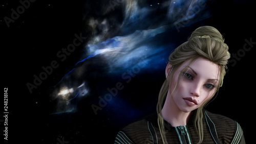 Woman in space looking sad with a nebula and stars in the background.