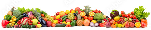 Composition variety fresh fruits and vegetables isolated on white background.