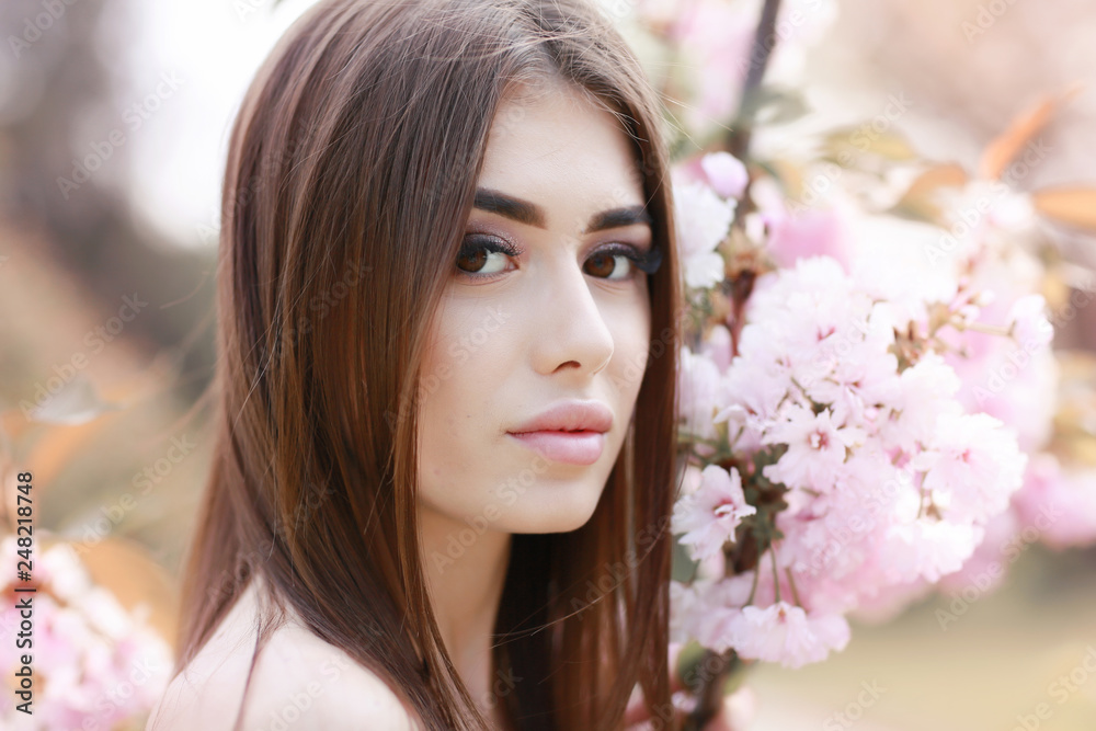 The beautiful girl with a romantic hairstyle and a professional make-up enjoys a smell of pink colors in a garden. The girl dreams. A portrait of the beautiful girl model in the spring in the park. The beautiful girl with a romantic hairstyle and a professional make-up enjoys a smell of pink colors in a garden. The girl dreams. A portrait of the beautiful girl model in the spring in the park.