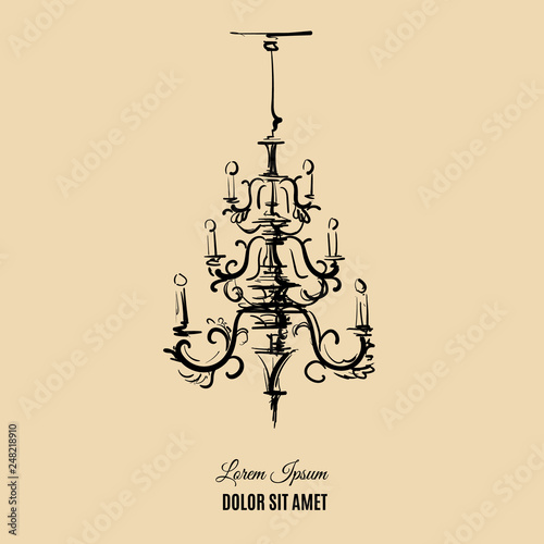 Vector illustration of antique chandelier made in hand drawn style. Digital drawing of barocco lamp. Template for card, poster and banner