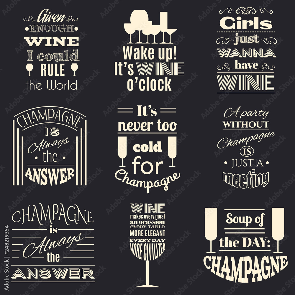 Fototapeta Collection of quote typographical background about champagne and wine. Template for business card, poster and banner with hand drawn elements