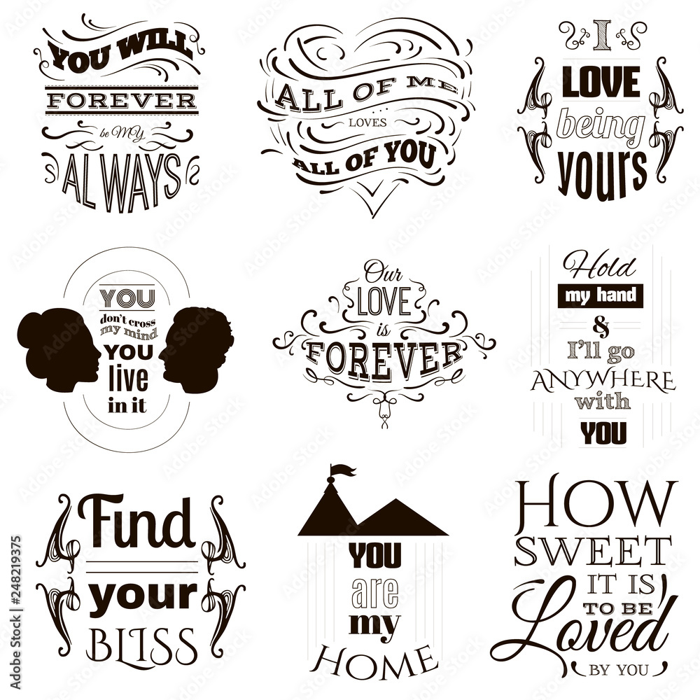 Fototapeta premium Premium big collection of romantic typographical background about love with hand drawn elements and silhouetes of man and woman. Template for card poster and banner.