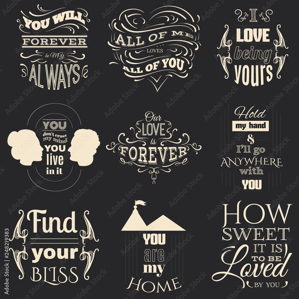 Obraz premium Premium big collection of romantic typographical background about love with hand drawn elements and silhouetes of man and woman. Template for card poster and banner.