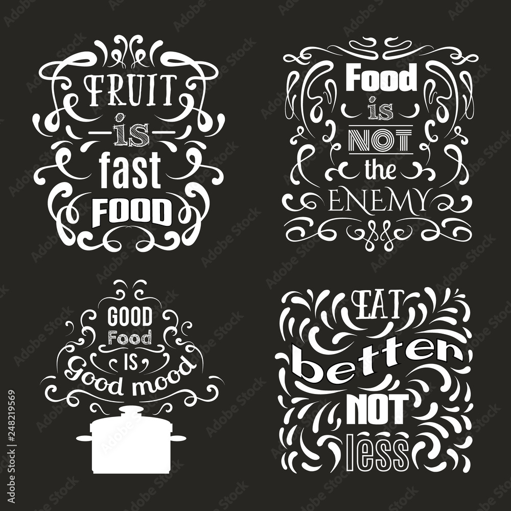 Collection of quote typographical background about food with hand drawn elements. Template for business card, poster and banner