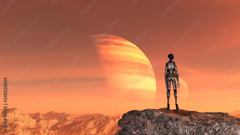 Illustration of an extraterrestrial wearing a spacesuit standing on a mountaintop looking at the sky on an alien planet.