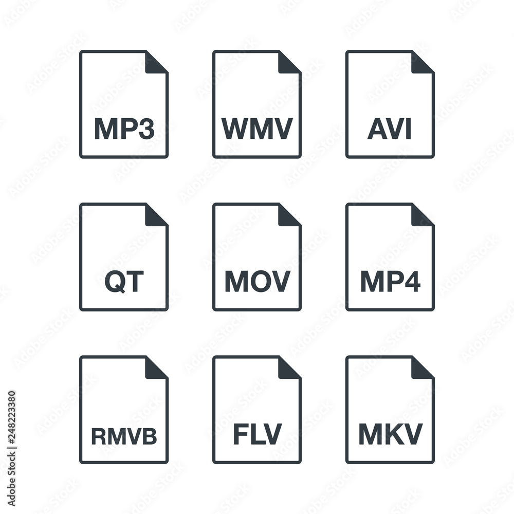 Black popular thin line document data file format icons set. Multi ...