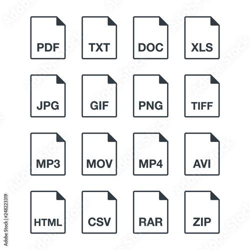 Black popular line document file format icons set. Multi types simple flat design vector pictogram for app ads web website button ui ux interface elements isolated on white background