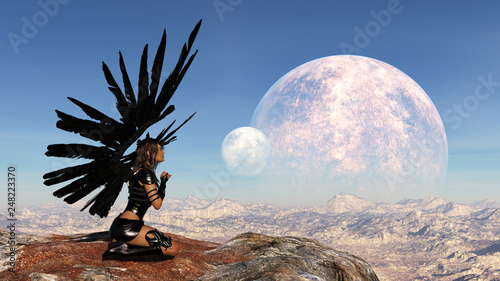 Illustration of a woman with outstretched wings praying atop a mountain with two moons in the background.