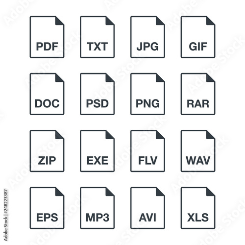 Black popular thin line document data file format icons set. Multi types simple flat design vector pictogram for app ads web website button ui ux interface elements isolated on white background