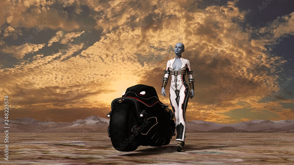 Illustration of a female alien walking next to a levitating motorcycle ...