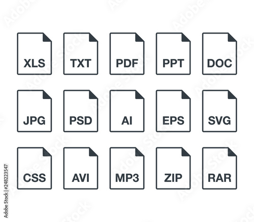 Black popular line document file format icons set. Multi types simple flat design vector pictogram for app ads web website button ui ux interface elements isolated on white background