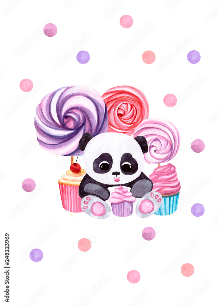 Watercolor greetings card with a cute panda and sweets Watercolor greetings card with a cute panda and sweets