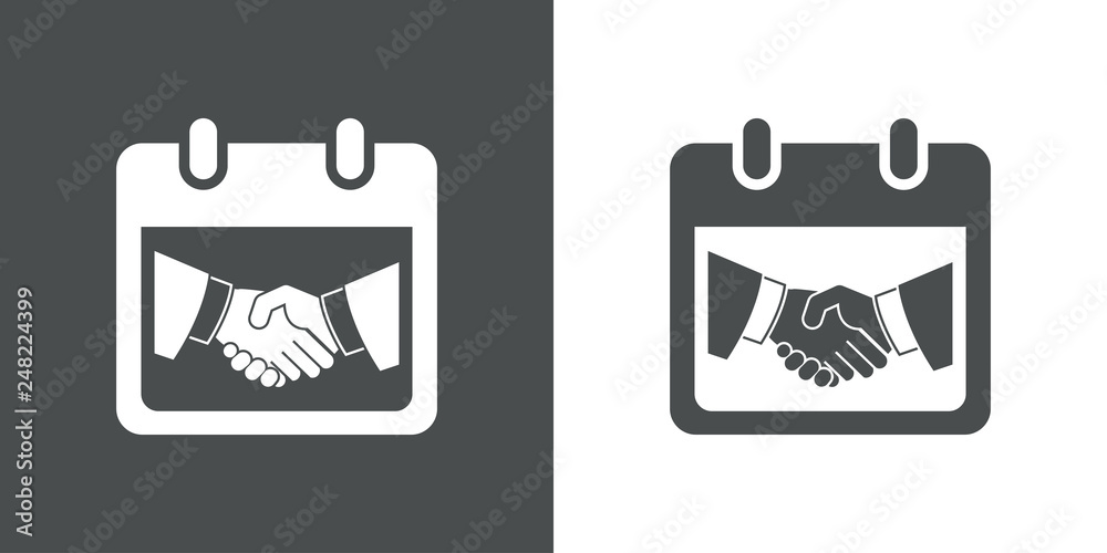 Icono plano calendario con apretón de manos en gris y blanco Icono plano calendario con apretón de manos en gris y blanco