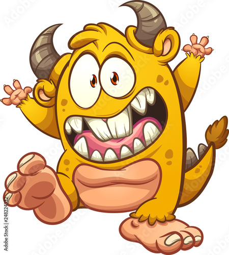 Cartoon happy yellow dancing monster clip art. Vector illustration with simple gradients. All in a single layer. 