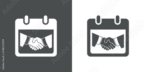 Icono plano calendario con apretón de manos en gris y blanco