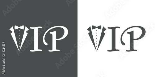 Icono plano con texto VIP con corbata de lazo en gris y blanco